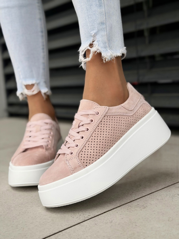 Różowe sneakersy damskie ze skóry naturalnej na platformie casual
