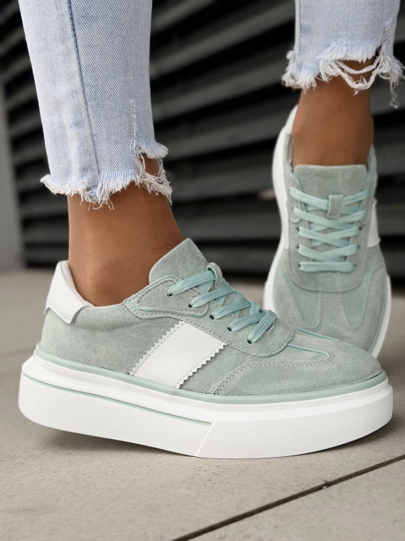 Miętowe sneakersy damskie z naturalnej skóry casual