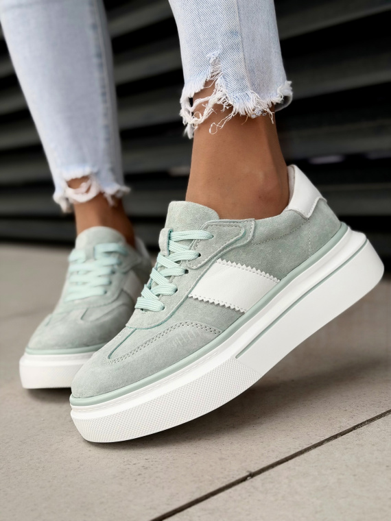 Miętowe sneakersy damskie z naturalnej skóry casual