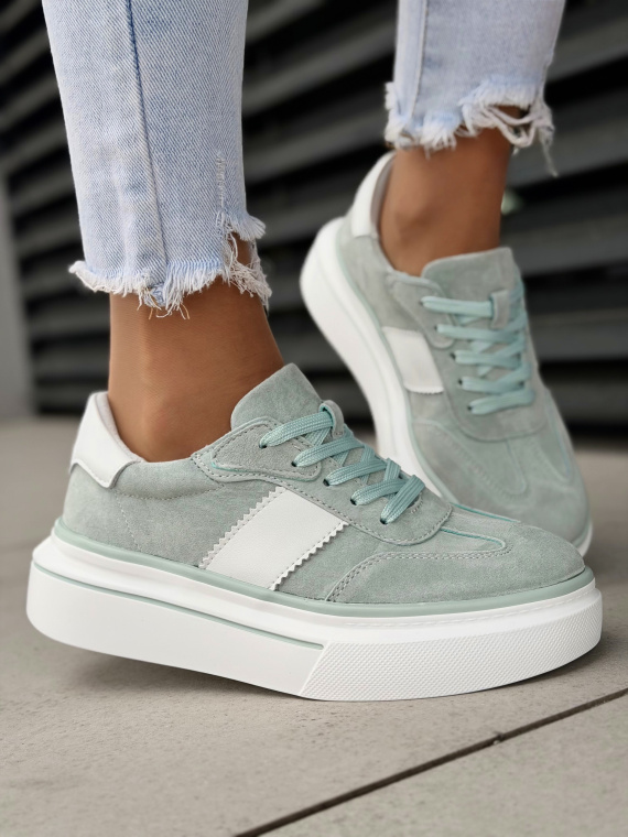 Miętowe sneakersy damskie z naturalnej skóry casual