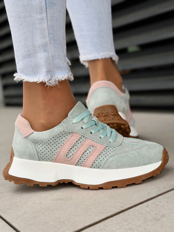 Miętowo-różowe sneakersy damskie ze skóry naturalnej casual