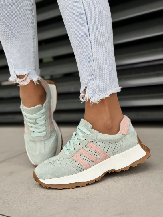 Miętowo-różowe sneakersy damskie ze skóry naturalnej casual