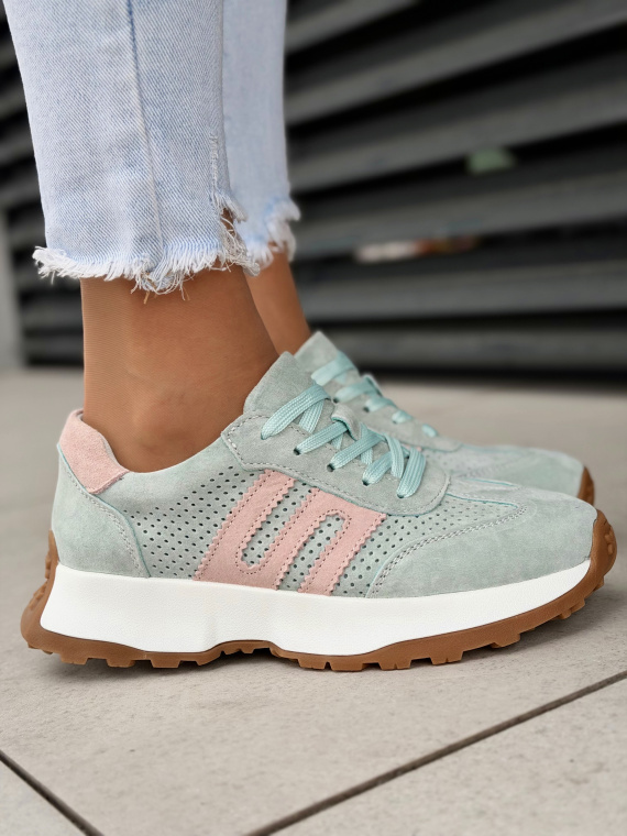 Miętowo-różowe sneakersy damskie ze skóry naturalnej casual