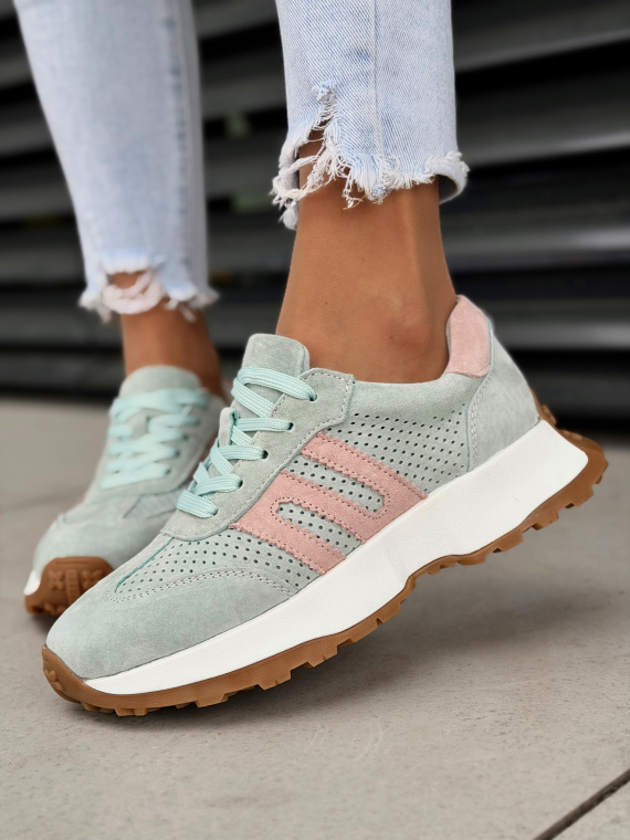 Miętowo-różowe sneakersy damskie ze skóry naturalnej casual