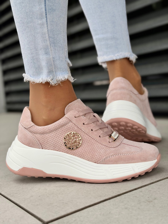 Różowe sneakersy skórzane damskie na platformie casual