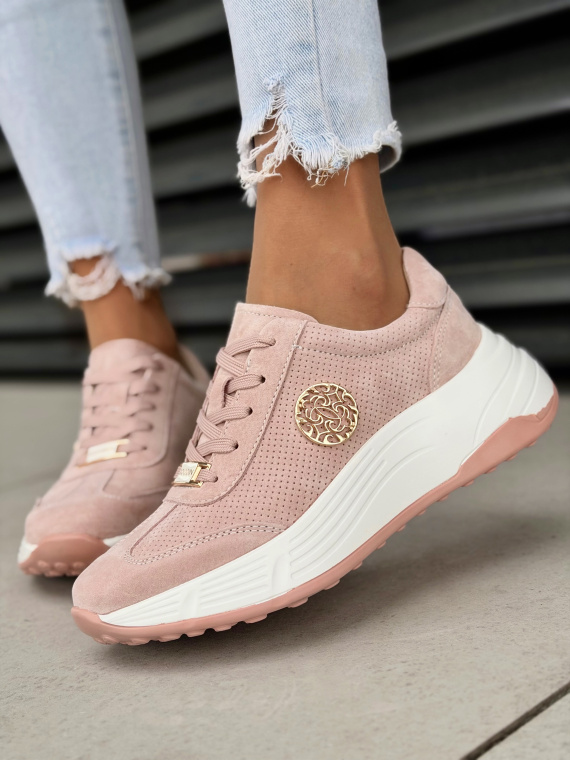 Różowe sneakersy skórzane damskie na platformie casual