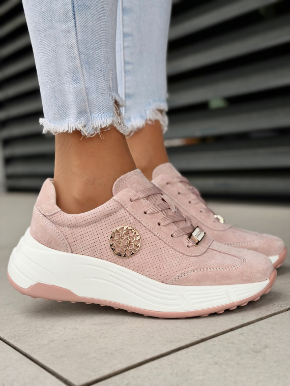 Różowe sneakersy skórzane damskie na platformie casual