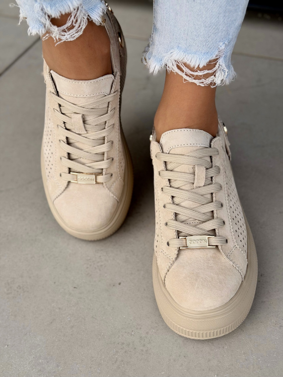 Beżowe sneakersy damskie skórzane na platformie casual