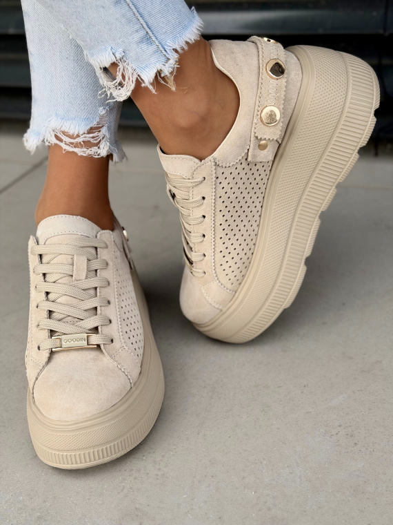Beżowe sneakersy damskie skórzane na platformie casual