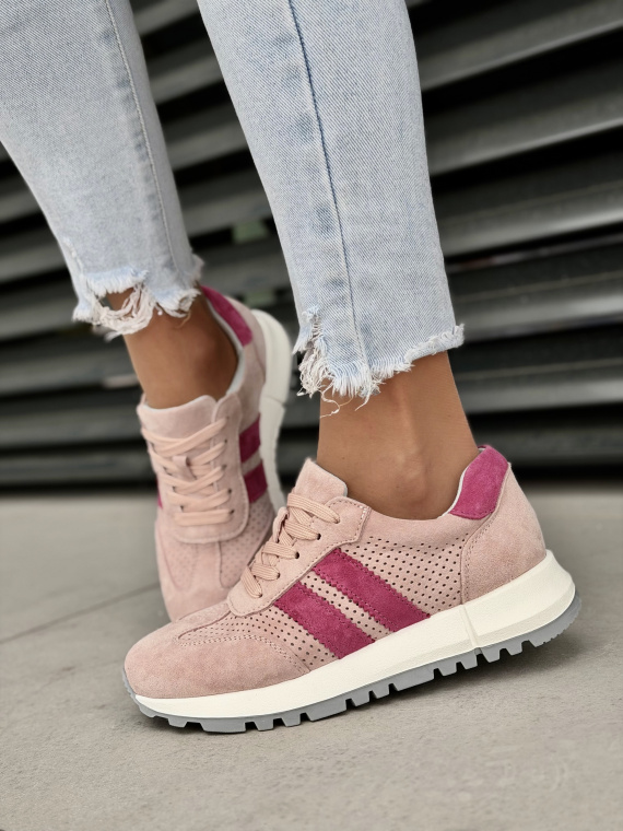 Różowe sneakersy damskie zamszowe ze skóry naturalnej casual