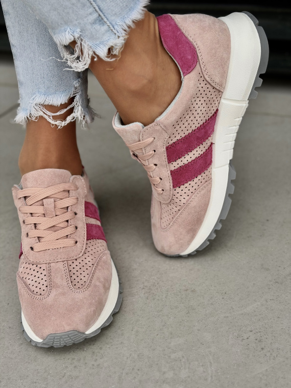 Różowe sneakersy damskie zamszowe ze skóry naturalnej casual