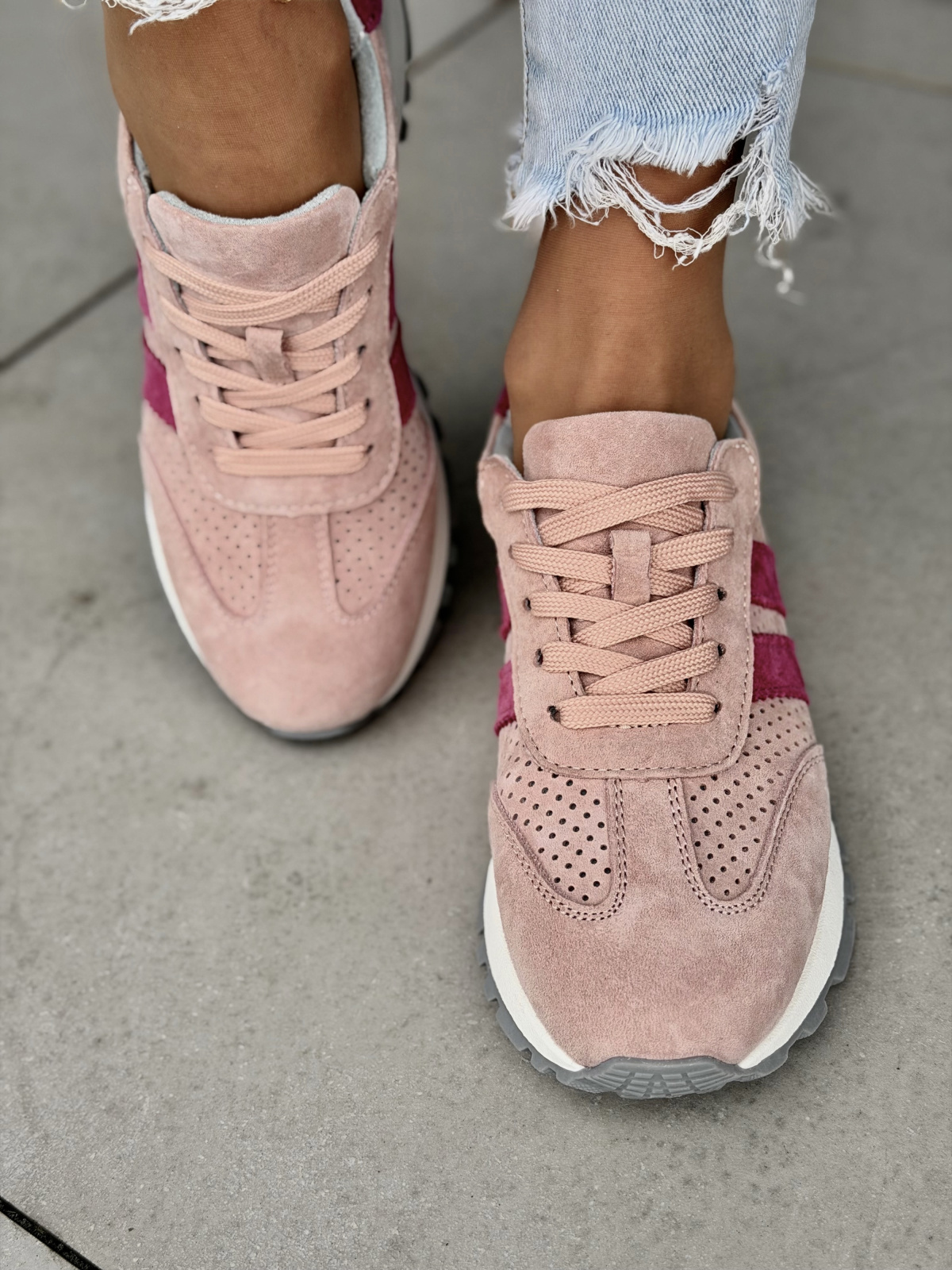 Różowe sneakersy damskie zamszowe ze skóry naturalnej casual