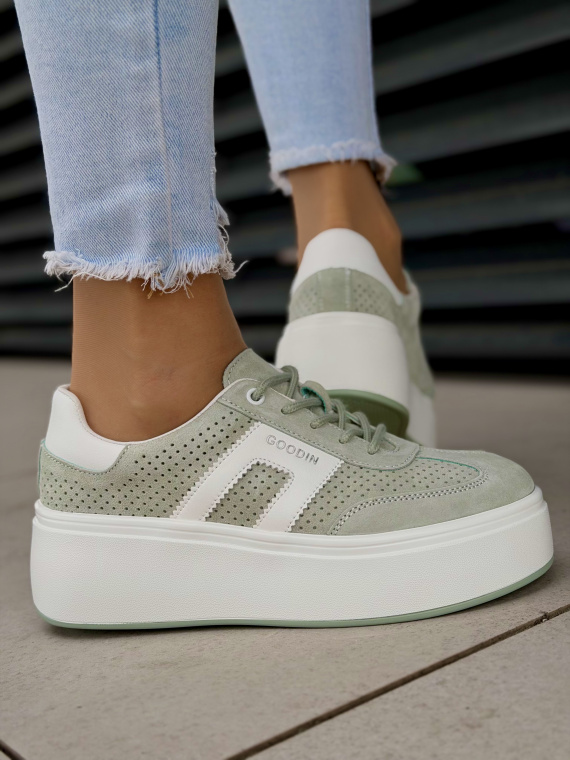 Miętowe sneakersy damskie skórzane na platformie casual