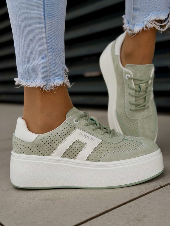 Miętowe sneakersy damskie skórzane na platformie casual