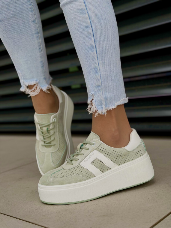 Miętowe sneakersy damskie skórzane na platformie casual
