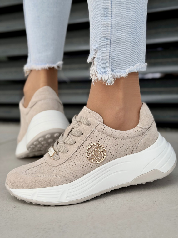Beżowe sneakersy damskie skórzane casualowe na platformie