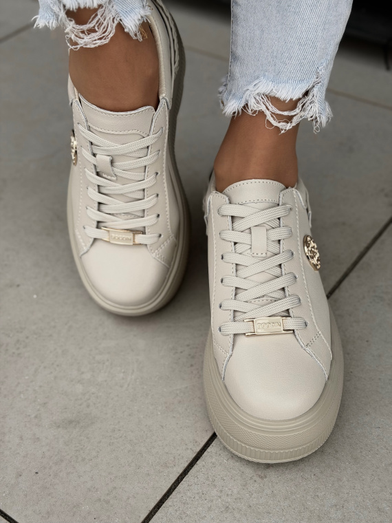 Beżowe sneakersy damskie ze skóry naturalnej na platformie