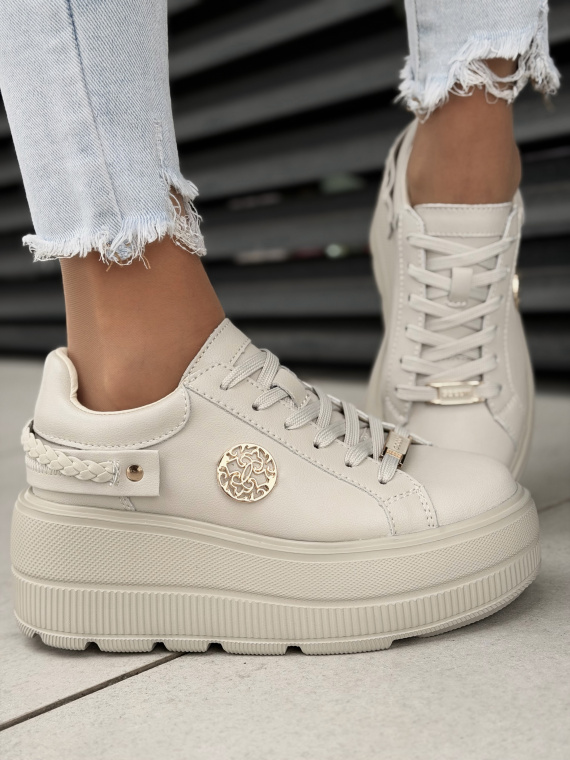 Beżowe sneakersy damskie ze skóry naturalnej na platformie