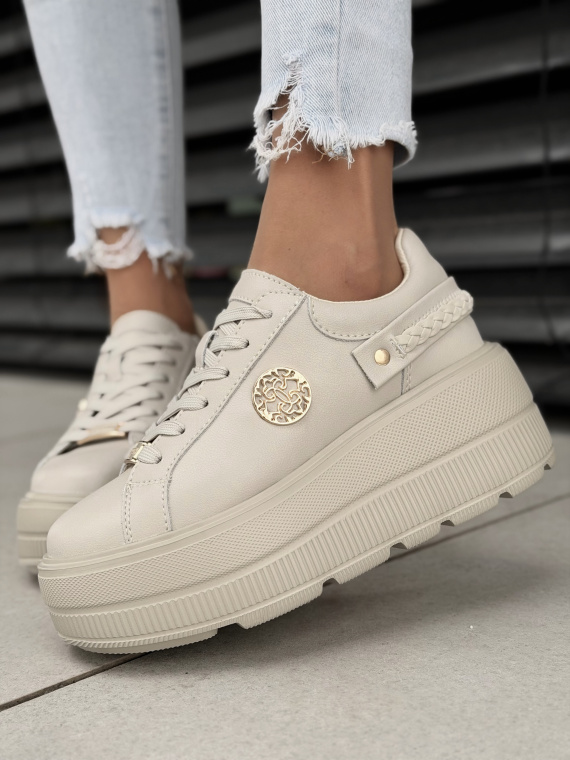 Beżowe sneakersy damskie ze skóry naturalnej na platformie