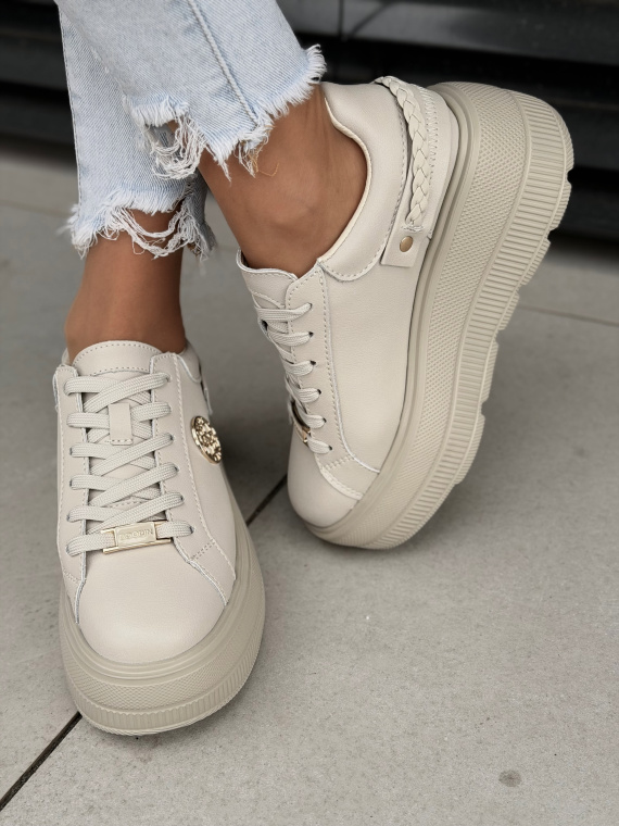 Beżowe sneakersy damskie ze skóry naturalnej na platformie