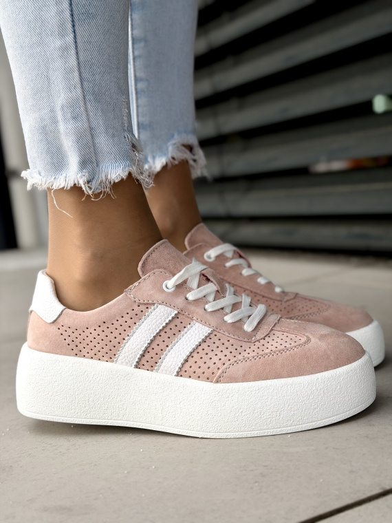 Różowe sneakersy damskie skórzane na platformie casual