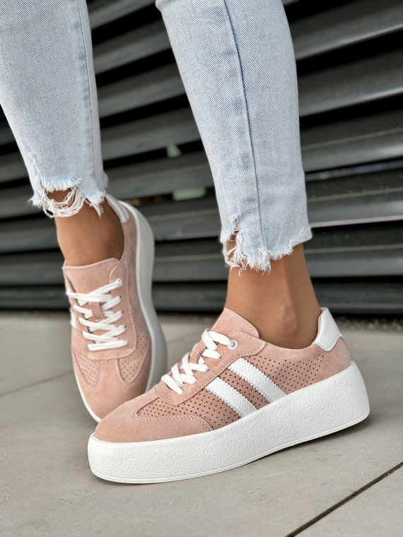 Różowe sneakersy damskie skórzane na platformie casual