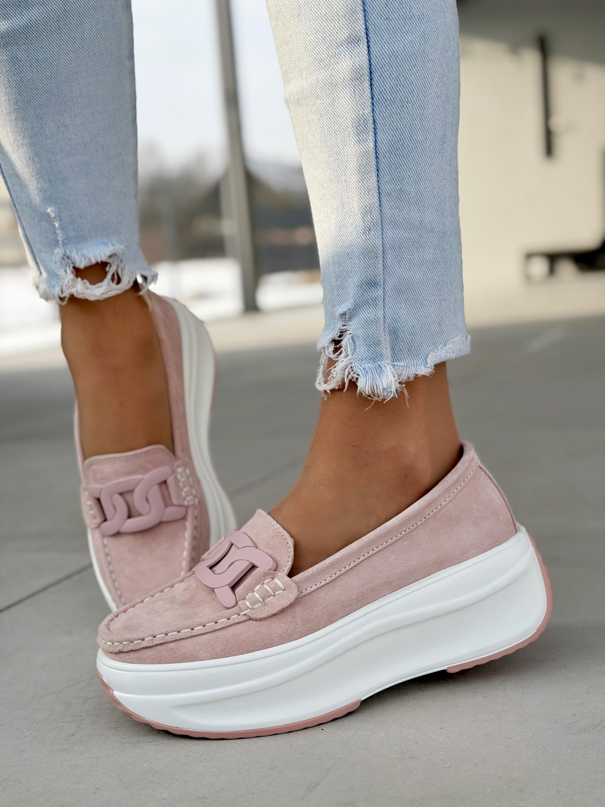 Różowe mokasyny na platformie ze skóry naturalnej casual