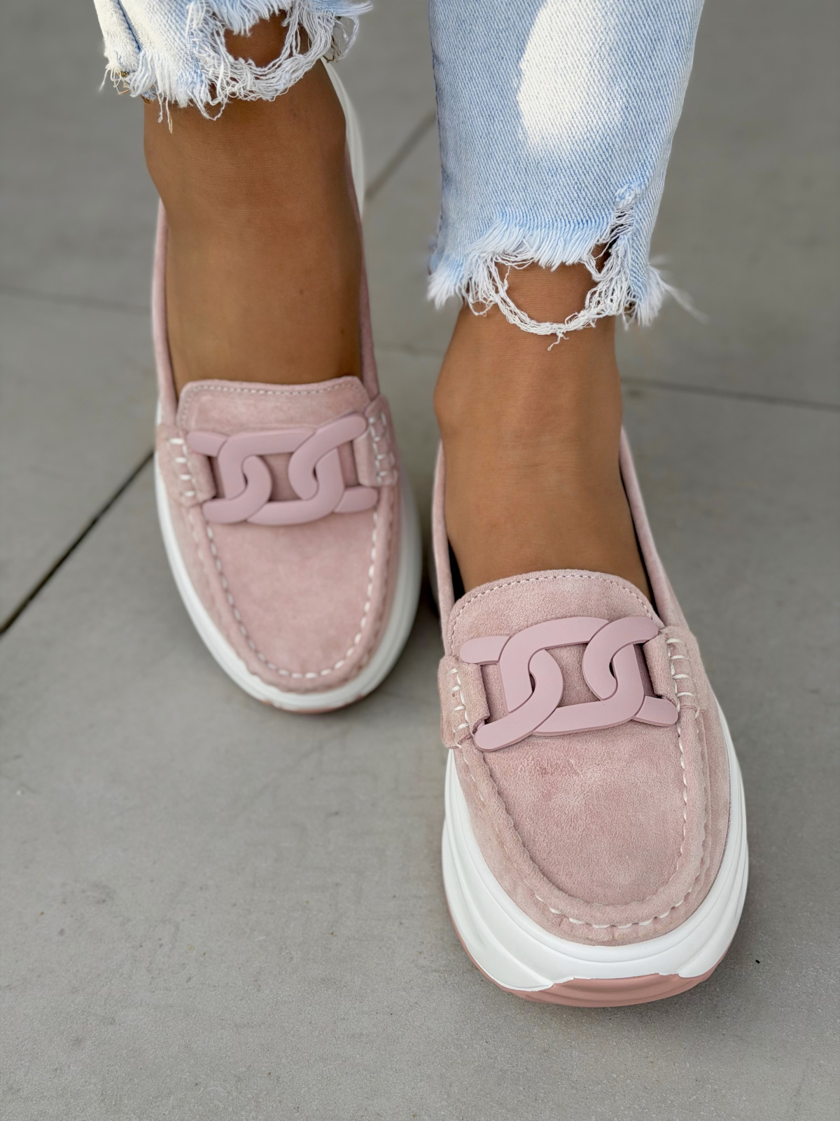 Różowe mokasyny na platformie ze skóry naturalnej casual