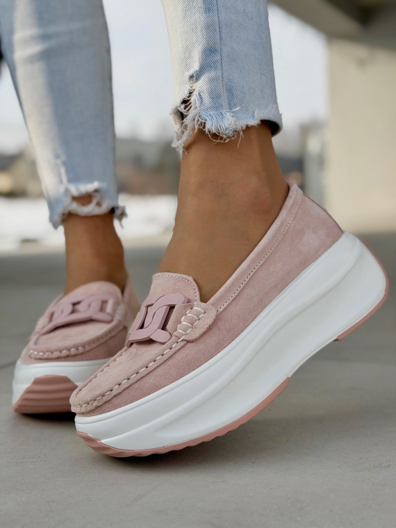 Różowe mokasyny na platformie ze skóry naturalnej casual