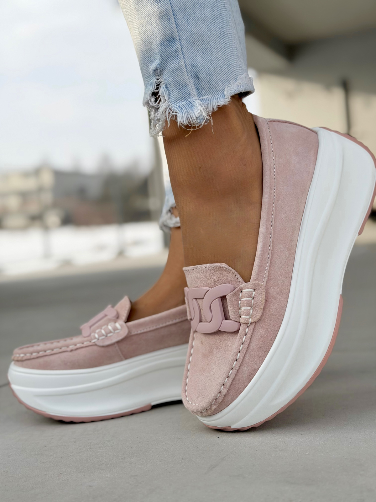 Różowe mokasyny na platformie ze skóry naturalnej casual