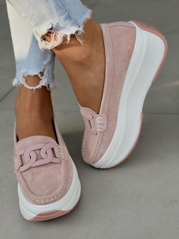 Różowe mokasyny na platformie ze skóry naturalnej casual