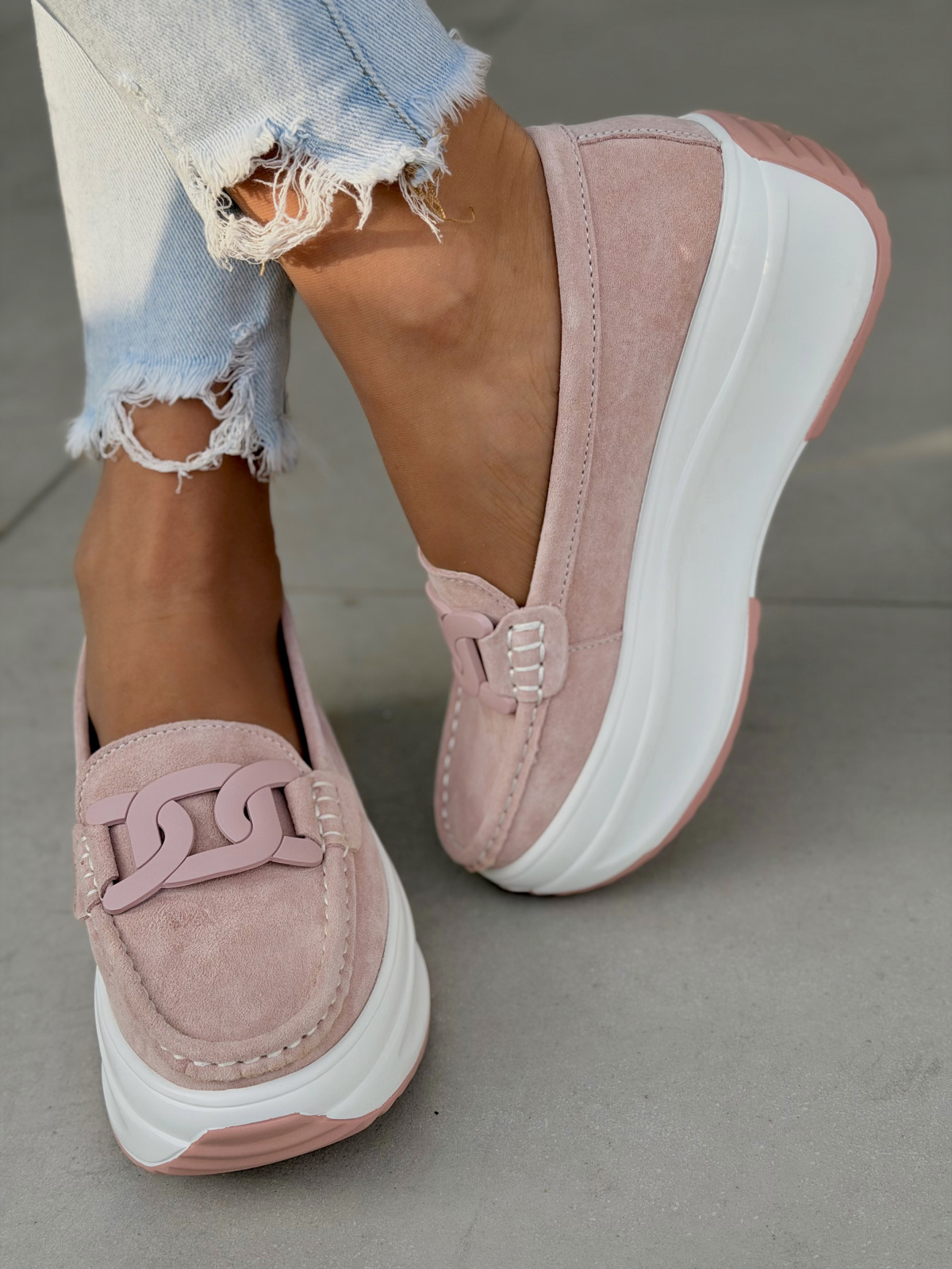 Różowe mokasyny na platformie ze skóry naturalnej casual