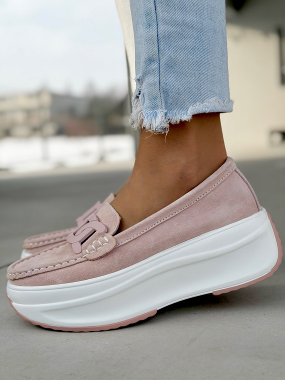 Różowe mokasyny na platformie ze skóry naturalnej casual