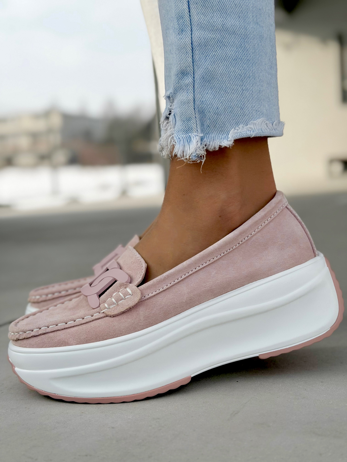 Różowe mokasyny na platformie ze skóry naturalnej casual