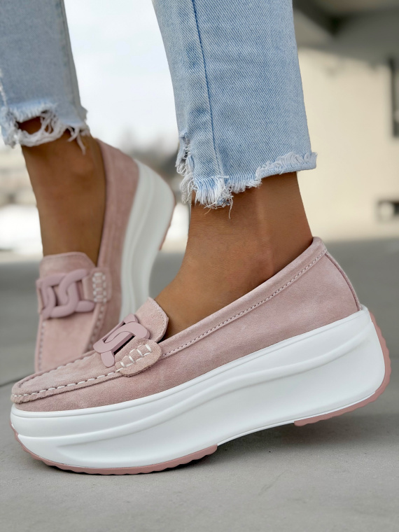 Różowe mokasyny na platformie ze skóry naturalnej casual