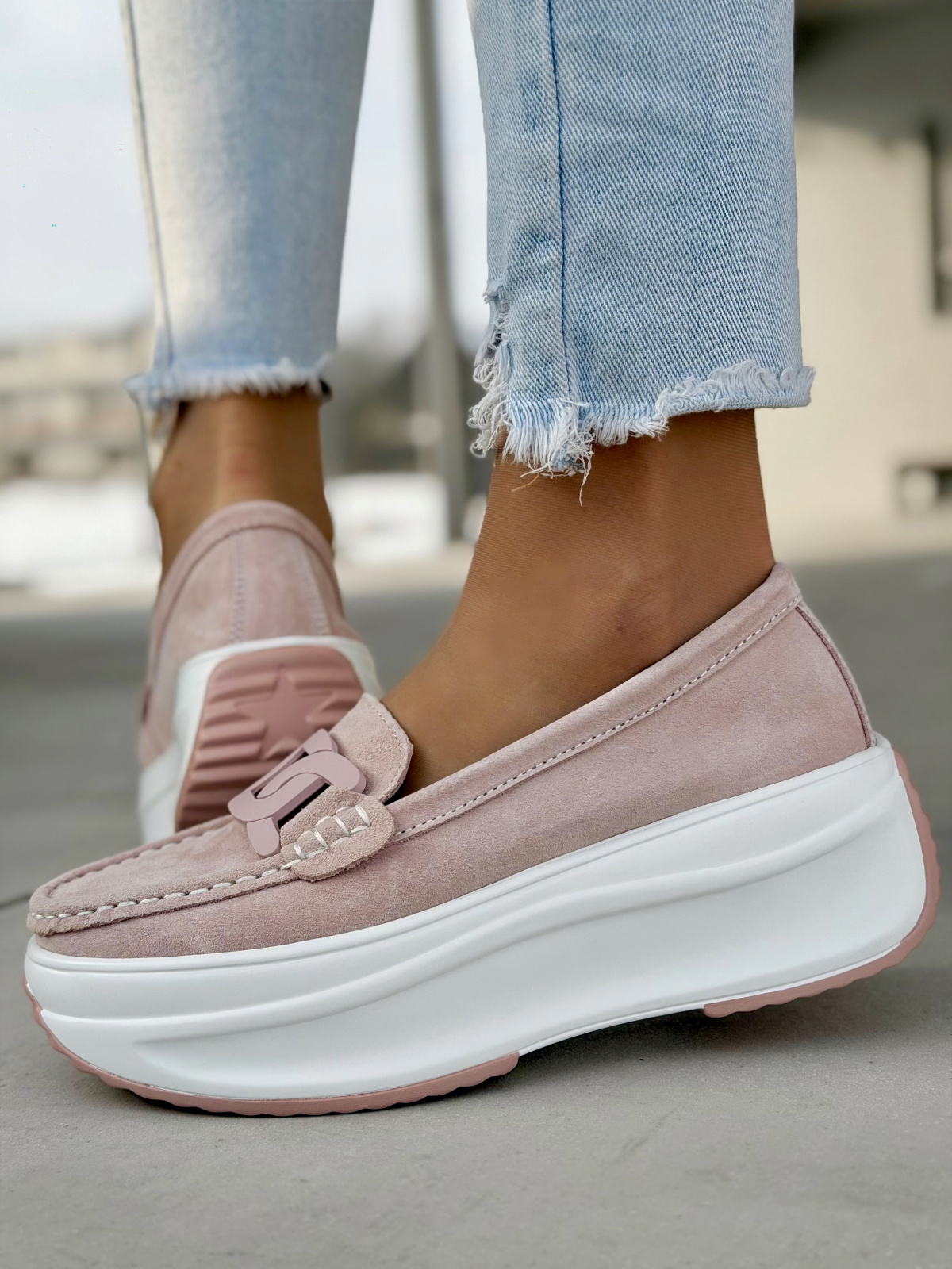 Różowe mokasyny na platformie ze skóry naturalnej casual