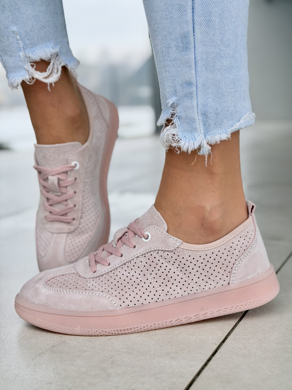 Różowe sneakersy damskie skórzane casual sznurowane perforowane