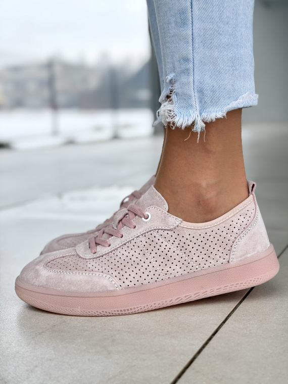 Różowe sneakersy damskie skórzane casual sznurowane perforowane