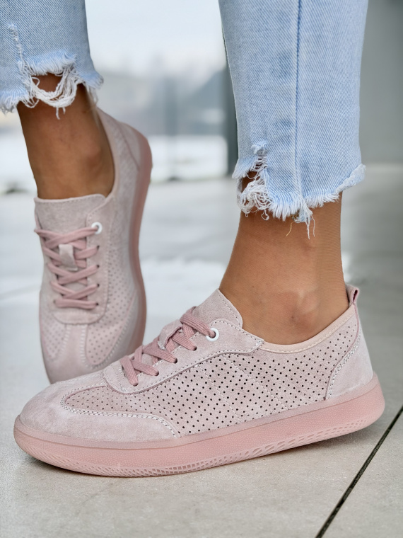 Różowe sneakersy damskie skórzane casual sznurowane perforowane