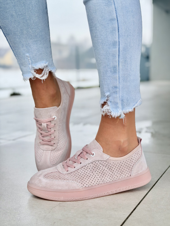 Różowe sneakersy damskie skórzane casual sznurowane perforowane