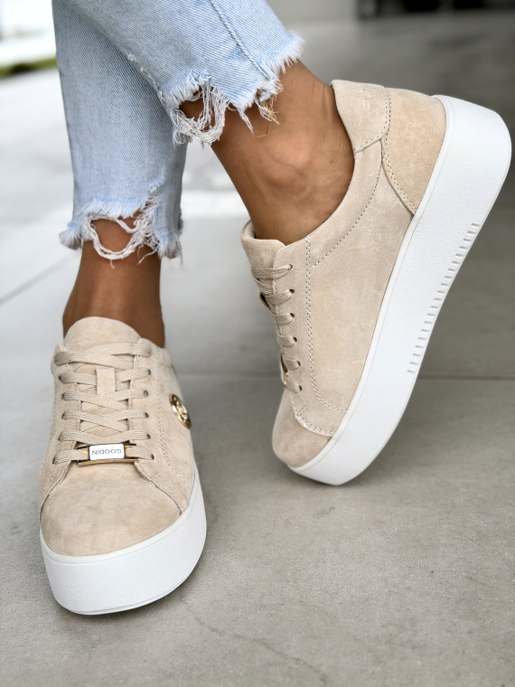 Beżowe sneakersy damskie skórzane na platformie casual