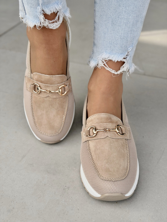 Beżowe mokasyny sneakersy ze skóry naturalnej casual