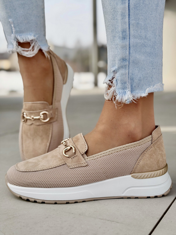 Beżowe mokasyny sneakersy ze skóry naturalnej casual