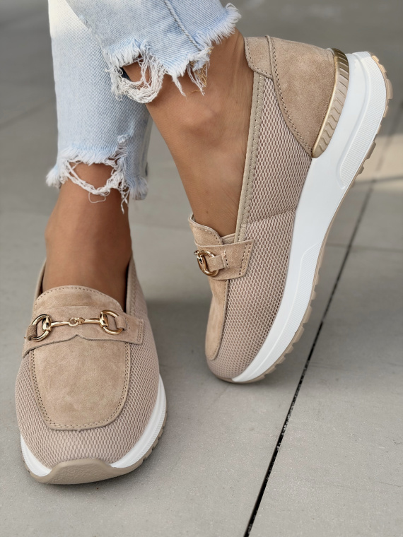 Beżowe mokasyny sneakersy ze skóry naturalnej casual