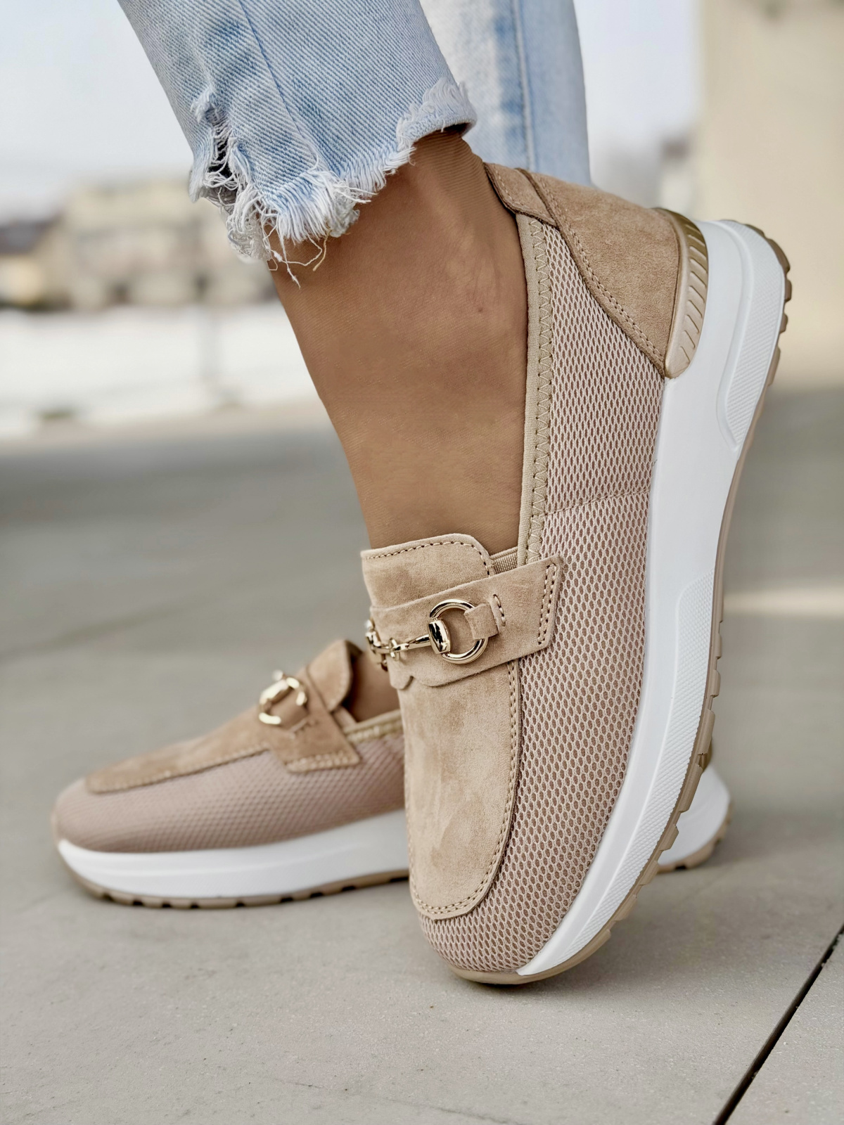 Beżowe mokasyny sneakersy ze skóry naturalnej casual