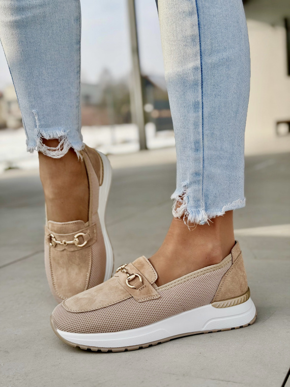 Beżowe mokasyny sneakersy ze skóry naturalnej casual