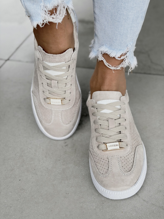 Beżowe sneakersy damskie skórzane casual zamszowe