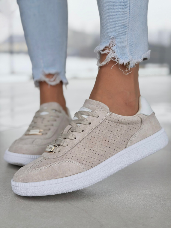 Beżowe sneakersy damskie skórzane casual zamszowe