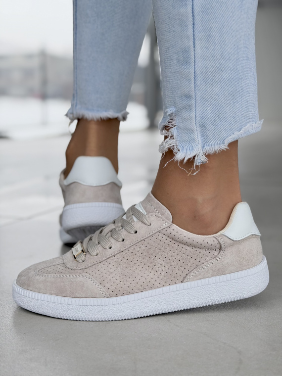 Beżowe sneakersy damskie skórzane casual zamszowe