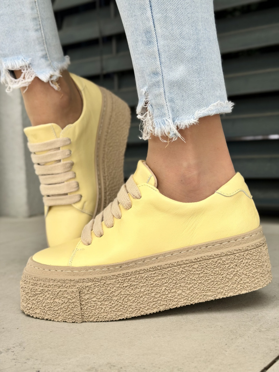 Żółte sneakersy damskie skórzane na platformie casual OLEKSY